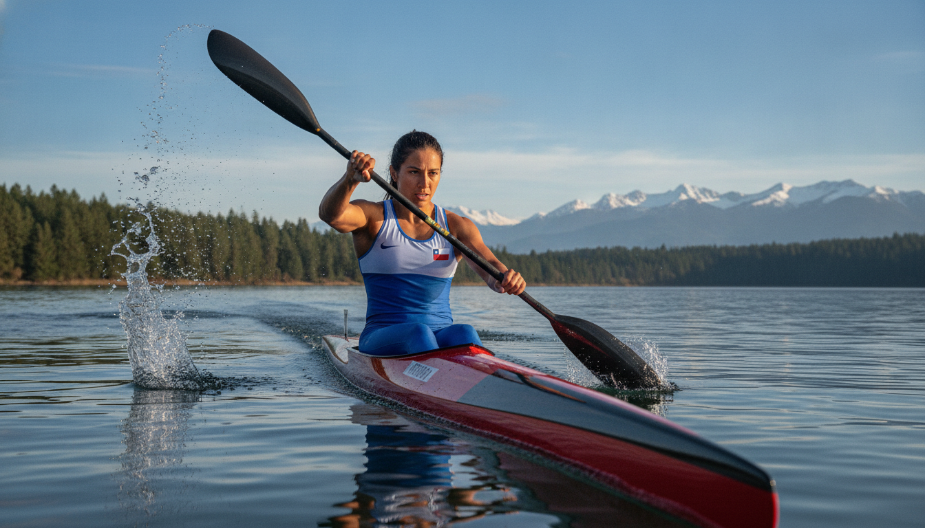 A dynamic and inspiring image of María José Mailliard confidently racing in a high-performance kayak on a serene lake, showcasing her athletic prowess and determination. In the foreground, depict her in a sleek, professional kayaking outfit, paddling powerfully through the water, with droplets flying around her. In the middle ground, show the shimmering surface of the lake reflecting the vibrant colors of the sky. The background features lush greenery and distant mountains under a clear blue sky, emphasizing the beauty of nature and the thrill of the sport. Use bright, natural lighting to convey a sense of energy and achievement, captured from a slightly low angle to enhance the focus on her intense expression and emphasize the sense of speed.