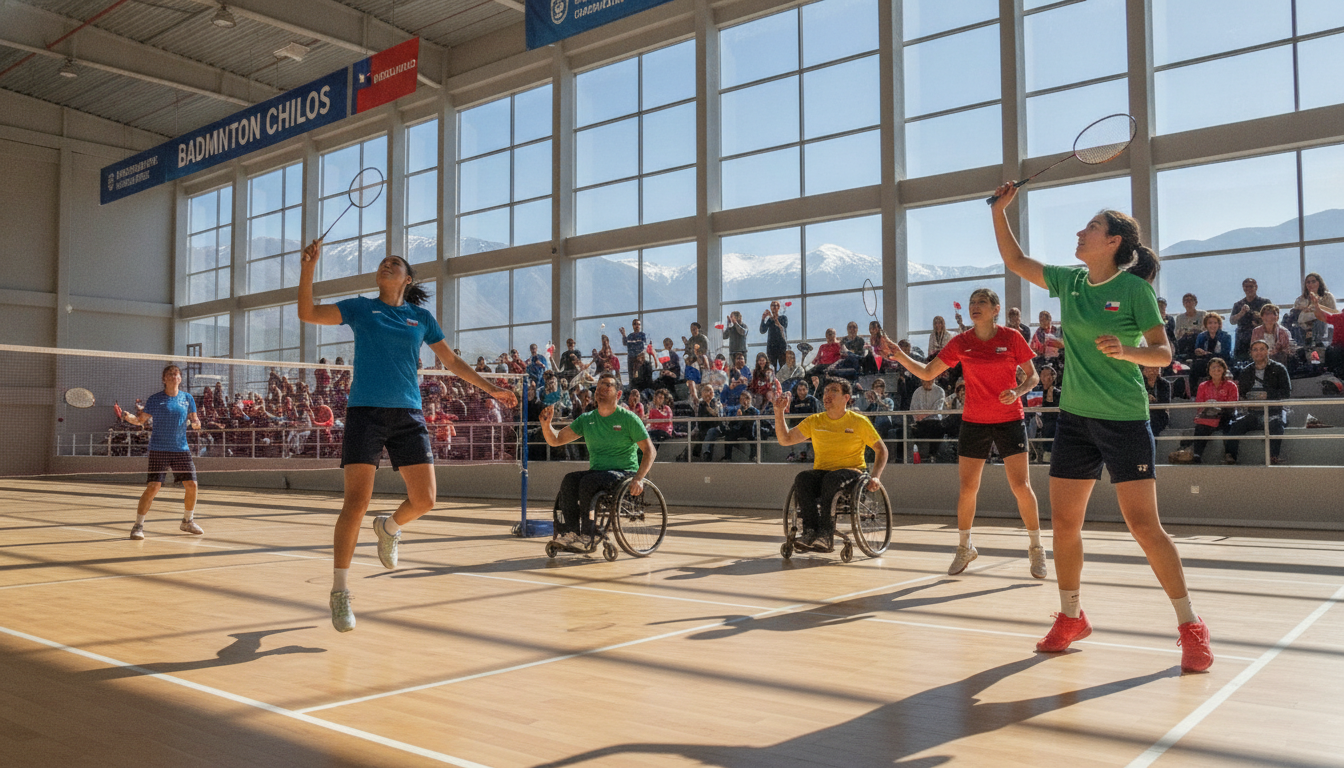 A dynamic badminton scene in a modern indoor sports facility in Chile. In the foreground, a diverse group of enthusiastic players, including men and women of various ages, are engaged in an energetic match, showcasing skill and teamwork. The players are dressed in vibrant athletic wear, capturing the competitive spirit of the sport. In the middle ground, spectators are cheering, adding to the lively atmosphere. The background features large windows letting in natural light, enhancing the bright, energetic environment. The overall composition is framed with a slight angle, emphasizing movement and excitement. The image conveys a sense of growth and evolution in badminton, with a focus on community and participation in Chile.