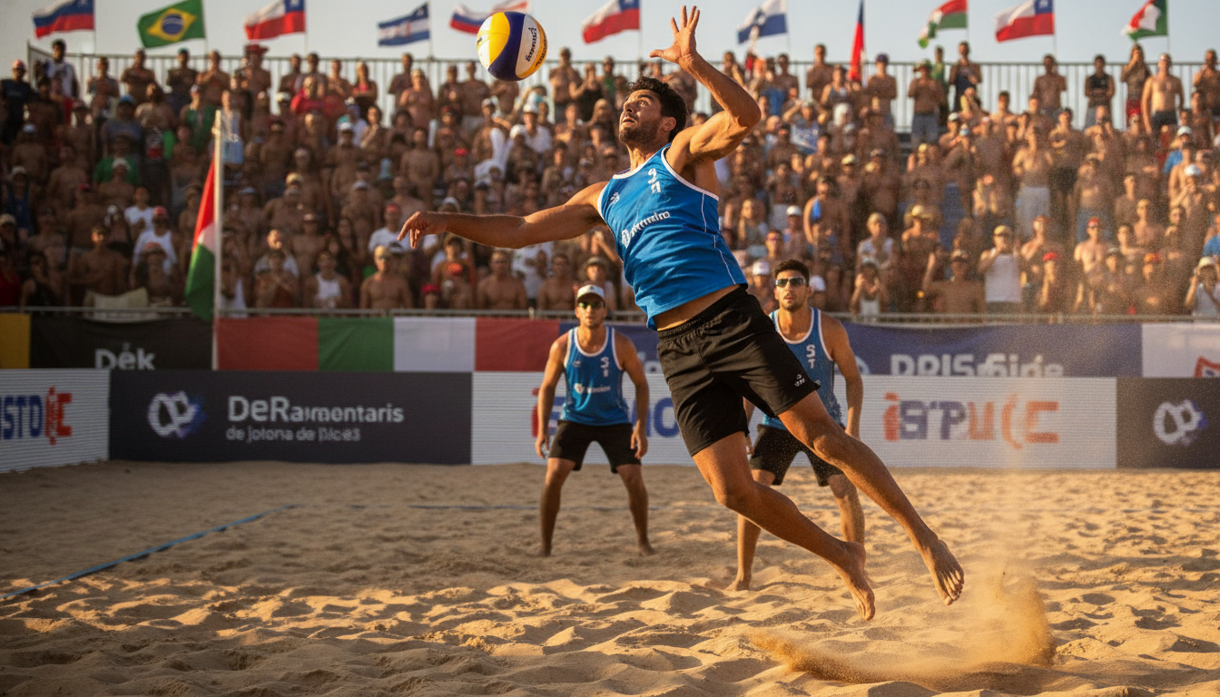 A dynamic beach volleyball scene featuring Marco Grimalt, a professional volleyball player, intensely focused while executing a powerful spike. He has a muscular build, wearing a modest athletic tank top and shorts, displaying sportsmanship and determination. The foreground captures him mid-air, with his arm extended high, the volleyball just above him, and a strong look of concentration on his face. In the middle ground, a sandy beach stretches out, with spectators in the background, cheering and holding colorful flags. The atmosphere is vibrant and energetic, illuminated by warm golden sunlight, creating a dynamic play of shadows. The camera angle is slightly low, enhancing the sense of action, giving viewers the feeling of being right on the beach court, immersed in the competitive spirit of beach volleyball. A dynamic beach volleyball scene featuring Marco Grimalt, a professional volleyball player, intensely focused while executing a powerful spike. He has a muscular build, wearing a modest athletic tank top and shorts, displaying sportsmanship and determination. The foreground captures him mid-air, with his arm extended high, the volleyball just above him, and a strong look of concentration on his face. In the middle ground, a sandy beach stretches out, with spectators in the background, cheering and holding colorful flags. The atmosphere is vibrant and energetic, illuminated by warm golden sunlight, creating a dynamic play of shadows. The camera angle is slightly low, enhancing the sense of action, giving viewers the feeling of being right on the beach court, immersed in the competitive spirit of beach volleyball.