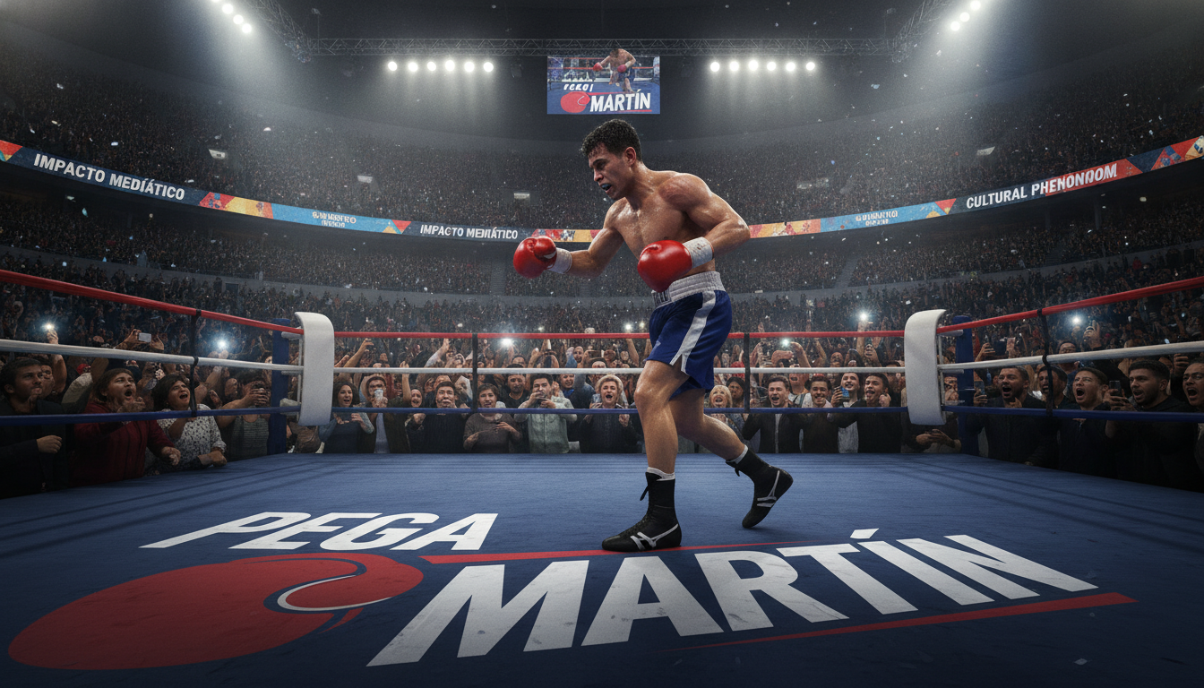 A dynamic boxing scene capturing the essence of "Pega Martín impacto mediático." In the foreground, a determined fighter reminiscent of Martín Vargas is engaged in an intense match, wearing traditional boxing gear, with sweat glistening on his skin, showcasing his dedication. The middle ground features an excited crowd, diverse in age and ethnicity, using their phones and cheering, reflecting the phenomenon of media impact surrounding the fight. In the background, a vibrant arena filled with colorful banners and flashing lights adds to the electrifying atmosphere. The lighting is dramatic, with spotlights illuminating the ring, creating a powerful contrast between light and shadow. The angle is slightly low, emphasizing the fighter's strength and the crowd's enthusiasm, evoking a sense of anticipation and excitement. The overall mood is electric, highlighting the cultural significance of the event. A dynamic boxing scene capturing the essence of "Pega Martín impacto mediático." In the foreground, a determined fighter reminiscent of Martín Vargas is engaged in an intense match, wearing traditional boxing gear, with sweat glistening on his skin, showcasing his dedication. The middle ground features an excited crowd, diverse in age and ethnicity, using their phones and cheering, reflecting the phenomenon of media impact surrounding the fight. In the background, a vibrant arena filled with colorful banners and flashing lights adds to the electrifying atmosphere. The lighting is dramatic, with spotlights illuminating the ring, creating a powerful contrast between light and shadow. The angle is slightly low, emphasizing the fighter's strength and the crowd's enthusiasm, evoking a sense of anticipation and excitement. The overall mood is electric, highlighting the cultural significance of the event.