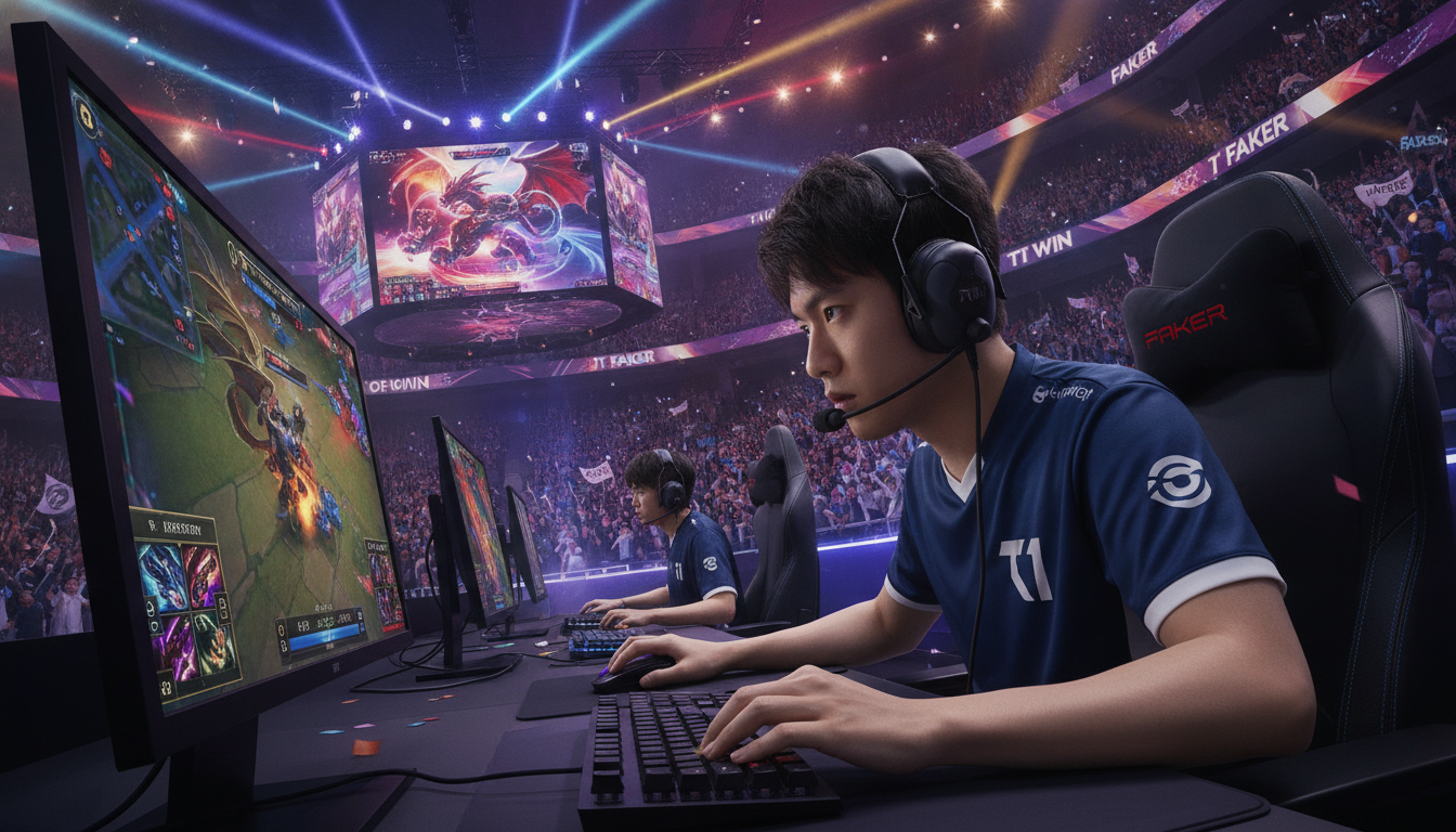 A dynamic, high-energy scene depicting a professional eSports arena filled with spectators, centered on the renowned League of Legends player, Faker. In the foreground, Faker, a young Asian male in a sleek, professional gaming uniform, showcases his intense focus and quick reflexes while playing, his eyes locked on the screen. The middle ground features vibrant screens displaying in-game action and colorful graphics, radiating excitement. In the background, enthusiastic fans cheer and wave banners, accentuated by dramatic, colorful stage lighting that enhances the electric atmosphere. The angle is slightly tilted, creating a sense of movement and urgency. This image captures the essence of superhuman reflexes in a competitive gaming environment, invoking admiration and intensity.