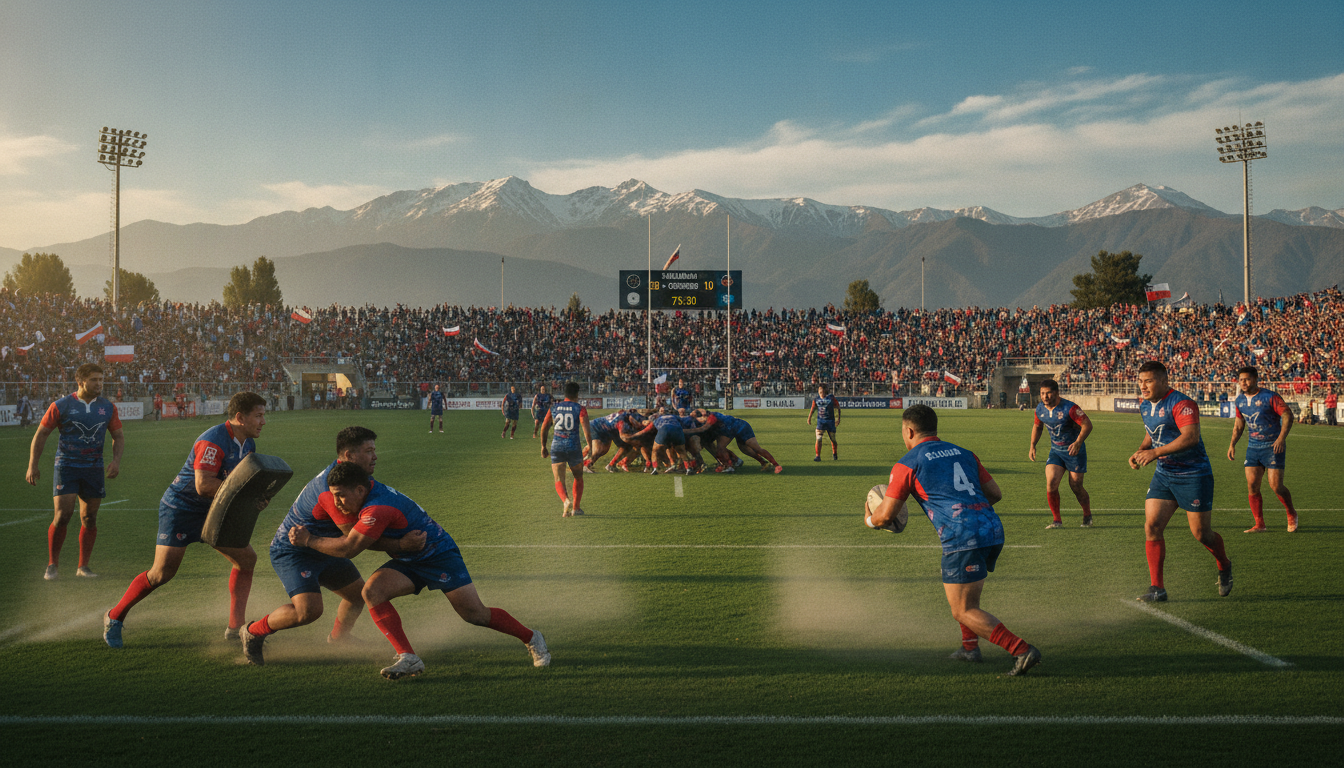 A dynamic rugby scene illustrating the competitive evolution of the Selknam Rugby team. In the foreground, a diverse group of rugby players, dressed in professional team uniforms, showcases intense training drills, focusing on skill and teamwork. The middle ground features a vibrant rugby pitch with a scoreboard displaying match statistics, while spectators cheer in the background, creating an energetic atmosphere. The background reveals a beautifully scenic view of the Andes mountains under a bright blue sky, symbolizing growth and ambition. Soft sunlight highlights the players and enhances the colors, capturing the passion and spirit of the game. The composition should emphasize movement and camaraderie, evoking a sense of determination and progress in the sport.