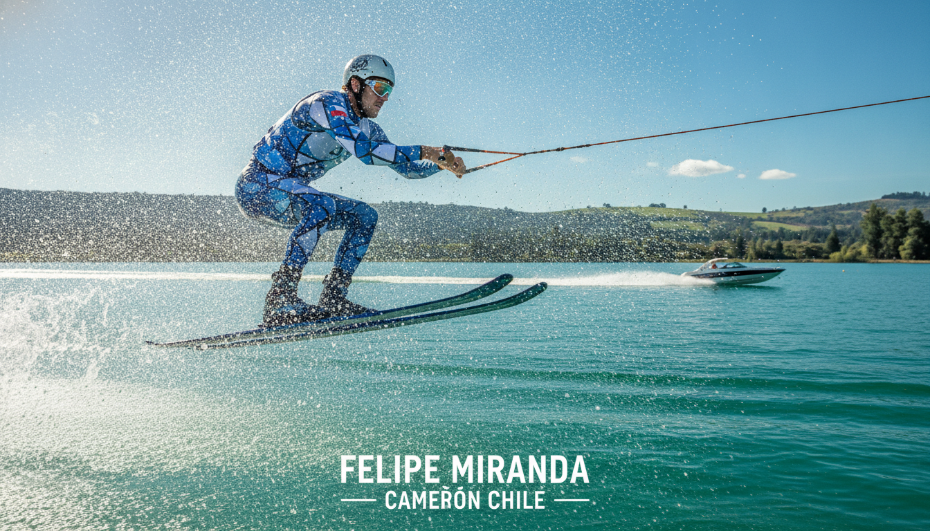 A dynamic scene capturing Felipe Miranda, the world champion water skier from Chile, confidently executing a breathtaking trick on his water skis. In the foreground, highlight Felipe in a sleek, modern water ski outfit, focusing on his intense expression and athletic posture as he performs a jump above the water, spraying droplets around him. The middle ground features glistening turquoise water and a distant boat creating ripples, while the background showcases a sunny day with a clear blue sky dotted with a few fluffy clouds, hinting at the beauty of the Chilean landscape. The lighting is bright, emphasizing the clarity of the water and the energy of the moment. The image conveys a sense of adrenaline and pride, celebrating Felipe’s evolution in the sport of water skiing. A dynamic scene capturing Felipe Miranda, the world champion water skier from Chile, confidently executing a breathtaking trick on his water skis. In the foreground, highlight Felipe in a sleek, modern water ski outfit, focusing on his intense expression and athletic posture as he performs a jump above the water, spraying droplets around him. The middle ground features glistening turquoise water and a distant boat creating ripples, while the background showcases a sunny day with a clear blue sky dotted with a few fluffy clouds, hinting at the beauty of the Chilean landscape. The lighting is bright, emphasizing the clarity of the water and the energy of the moment. The image conveys a sense of adrenaline and pride, celebrating Felipe’s evolution in the sport of water skiing.
