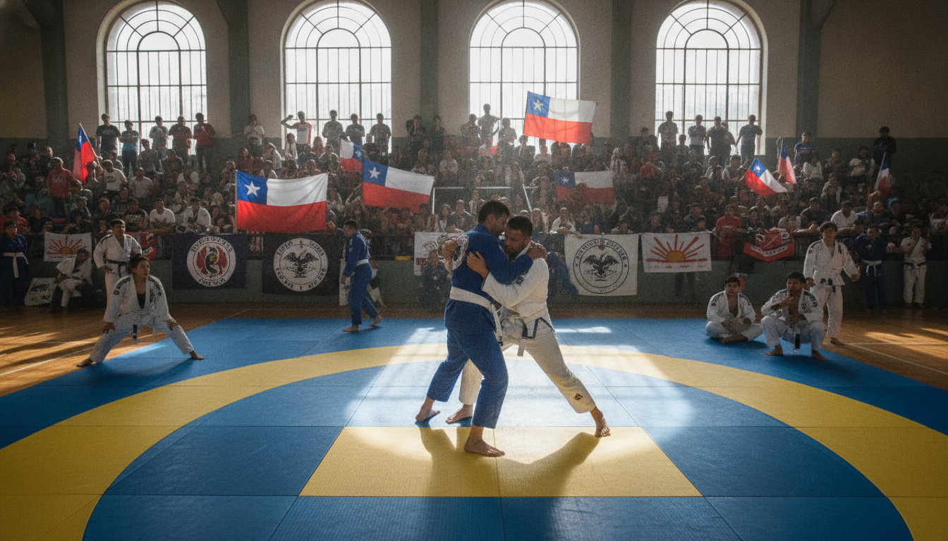 A dynamic scene capturing a Chilean Jiu Jitsu tournament in action. In the foreground, two competitors in traditional Jiu Jitsu attire are engaged in a grappling match, showcasing skill and technique. The middle ground features additional participants preparing for their matches, some stretching and warming up, while others are discussing strategies. Surrounding the mat, an enthusiastic audience cheers, with flags and banners representing various teams. The setting is well-lit with natural daylight filtering through large windows, enhancing the vibrant colors of the martial arts uniforms. The atmosphere is electric, filled with focus and determination, embodying the essence of competition in a martial arts context. The camera angle is slightly elevated, offering a clear view of the participants and the excitement of the event.