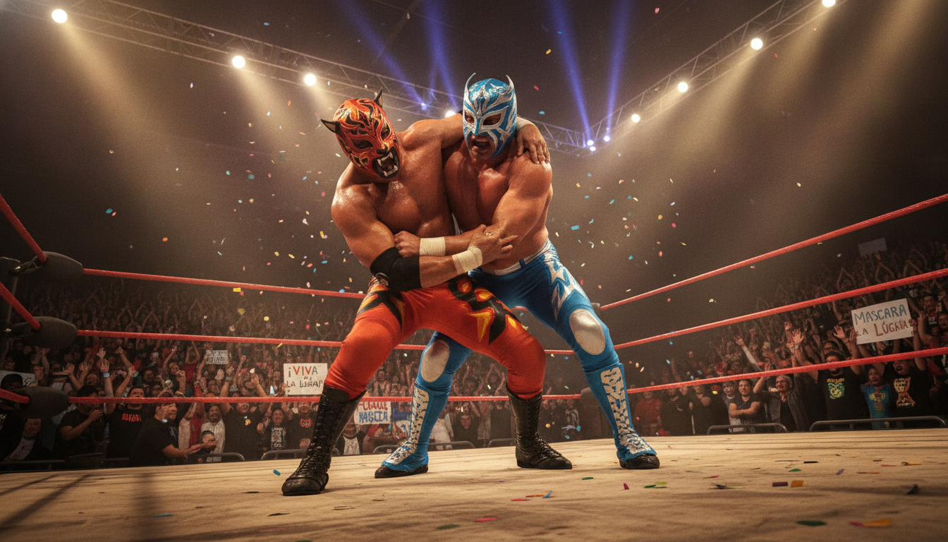 A dynamic scene capturing the essence of "lucha libre entretenimiento" featuring two masked wrestlers in a dramatic pose, showcasing their athleticism and colorful costumes. The foreground highlights the wrestlers engaged in an intense grappling match, showcasing muscles and expressions of determination. In the middle ground, an excited crowd with varying expressions of thrill and awe fills the arena, with colorful signs and vibrant attire, adding to the lively atmosphere. The background features a professional wrestling ring under bright, dramatic lighting, enhancing the intensity of the moment. The camera angle is slightly tilted, creating a sense of action and movement. The overall mood is electric and energetic, emphasizing the blend of theatrical performance and genuine physicality inherent in lucha libre wrestling. A dynamic scene capturing the essence of "lucha libre entretenimiento" featuring two masked wrestlers in a dramatic pose, showcasing their athleticism and colorful costumes. The foreground highlights the wrestlers engaged in an intense grappling match, showcasing muscles and expressions of determination. In the middle ground, an excited crowd with varying expressions of thrill and awe fills the arena, with colorful signs and vibrant attire, adding to the lively atmosphere. The background features a professional wrestling ring under bright, dramatic lighting, enhancing the intensity of the moment. The camera angle is slightly tilted, creating a sense of action and movement. The overall mood is electric and energetic, emphasizing the blend of theatrical performance and genuine physicality inherent in lucha libre wrestling.