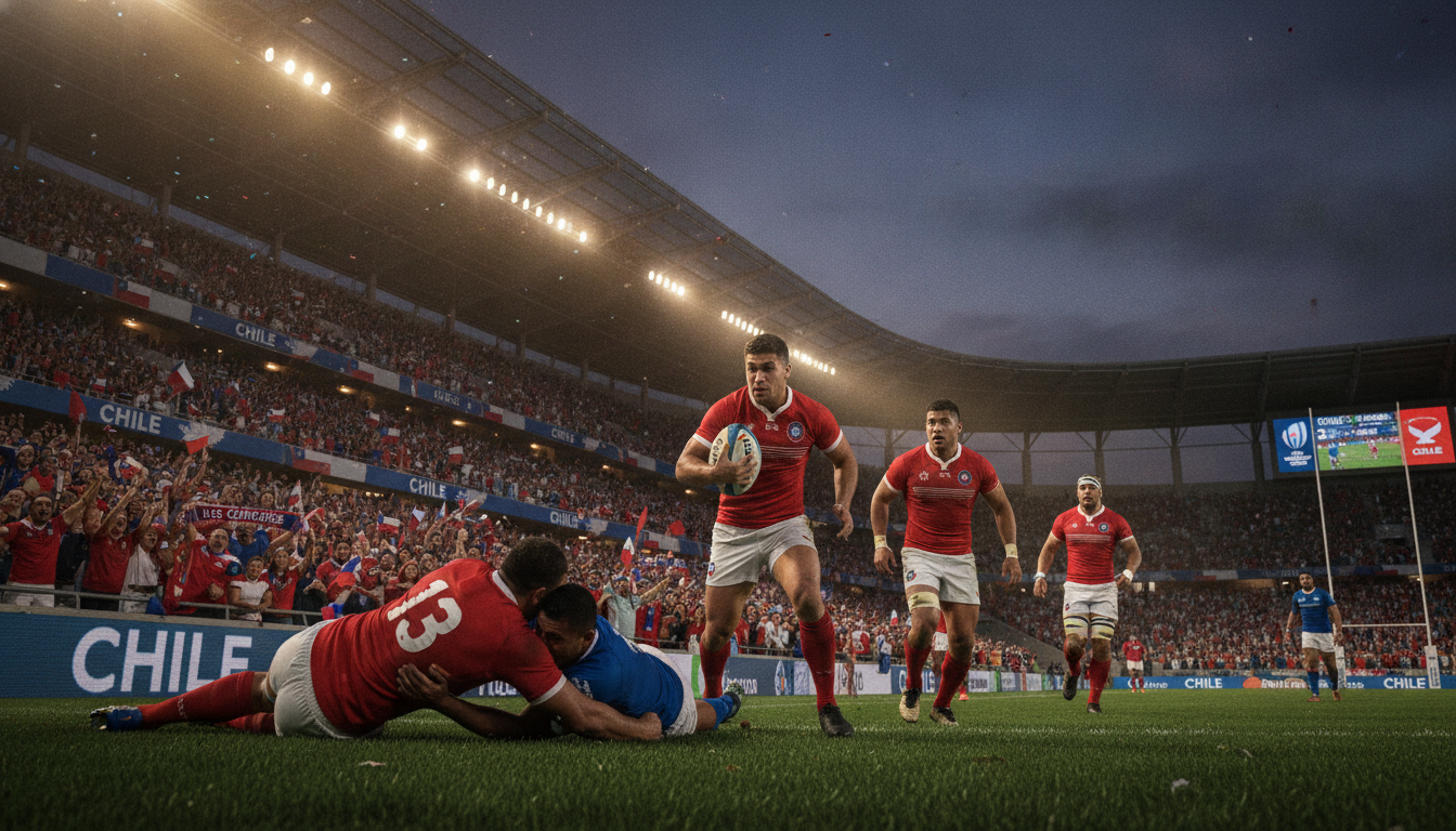 A dynamic scene capturing the excitement of Chilean rugby during the World Cup, featuring the national team, Los Cóndores, in a thrilling match. In the foreground, vividly dressed players in the traditional red and white jerseys are engaged in intense action, showcasing their athleticism as they tackle and pass the ball. The middle ground highlights a cheering crowd adorned with Chilean flags and vibrant banners, embodying the passionate support. The background shows a grand stadium under a twilight sky, illuminated by floodlights, creating a dramatic atmosphere. Use a slightly low-angle perspective to emphasize the players' determination and the scale of the event, with warm lighting to enhance the sense of triumph and unity. The mood is electric, filled with the hope and ambition of a nation striving for glory on the world stage. A dynamic scene capturing the excitement of Chilean rugby during the World Cup, featuring the national team, Los Cóndores, in a thrilling match. In the foreground, vividly dressed players in the traditional red and white jerseys are engaged in intense action, showcasing their athleticism as they tackle and pass the ball. The middle ground highlights a cheering crowd adorned with Chilean flags and vibrant banners, embodying the passionate support. The background shows a grand stadium under a twilight sky, illuminated by floodlights, creating a dramatic atmosphere. Use a slightly low-angle perspective to emphasize the players' determination and the scale of the event, with warm lighting to enhance the sense of triumph and unity. The mood is electric, filled with the hope and ambition of a nation striving for glory on the world stage.