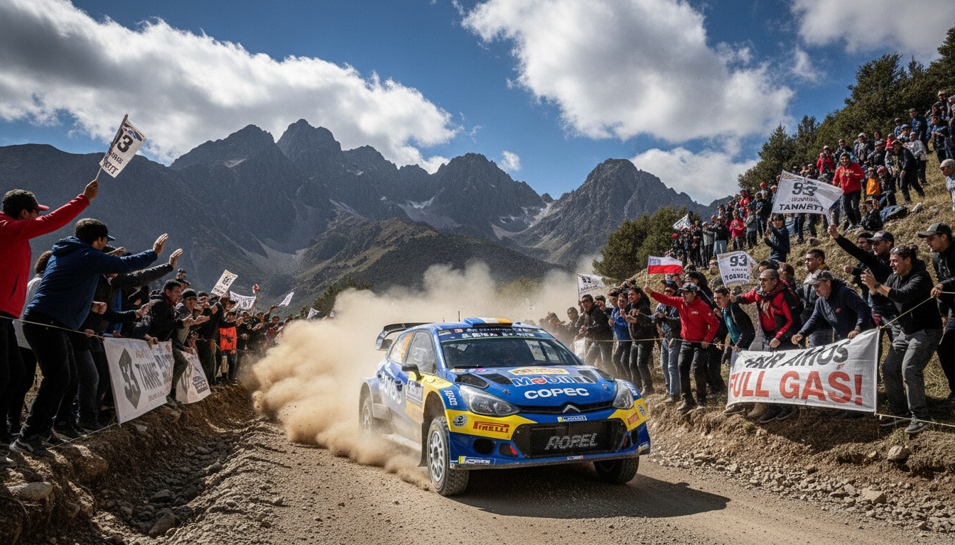 A dynamic scene depicting the Copec RallyMobil 2026, featuring a thrilling rally car speeding along a rugged mountain road, with dust and gravel flying. In the foreground, the car is captured in a dramatic angle, showcasing its sleek design and vibrant sponsor logos. The middle layer displays cheering crowds along the roadside, dressed in casual but appropriate attire, holding flags and banners in support of their favorite drivers. The background features stunning mountainous landscapes under a bright blue sky with fluffy white clouds, emphasizing the natural beauty of the rally location. The lighting is bright and vivid, suggesting a sunny day, creating an energetic and exciting atmosphere to evoke the passion of motorsport enthusiasts.