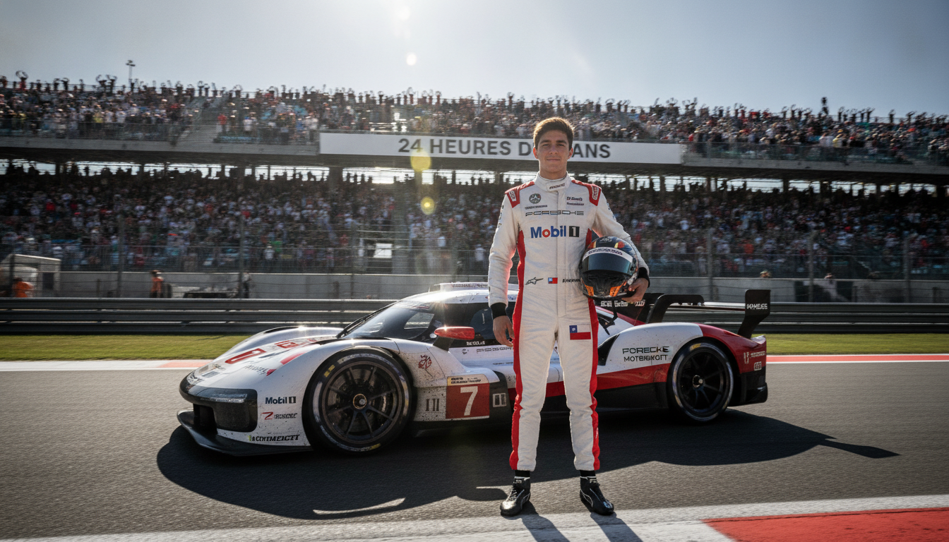 A dynamic scene featuring Nicolás Pino, a young Chilean race car driver, in a sleek Porsche 963, poised on a racetrack. The foreground captures him in a professional racing suit, helmet under his arm, exuding confidence and focus. The middle ground prominently displays the striking Porsche 963, its glossy body shimmering under the bright sunlight, positioned on the vibrant asphalt of the Le Mans circuit. The background showcases the iconic grandstands filled with cheering fans, blurred to emphasize the speed and motion of the moment. Utilize dramatic lighting to create a sense of excitement, capturing the essence of motorsport. The angle should be slightly low, emphasizing the power of both the car and the driver, evoking a thrilling atmosphere of competition and ambition. A dynamic scene featuring Nicolás Pino, a young Chilean race car driver, in a sleek Porsche 963, poised on a racetrack. The foreground captures him in a professional racing suit, helmet under his arm, exuding confidence and focus. The middle ground prominently displays the striking Porsche 963, its glossy body shimmering under the bright sunlight, positioned on the vibrant asphalt of the Le Mans circuit. The background showcases the iconic grandstands filled with cheering fans, blurred to emphasize the speed and motion of the moment. Utilize dramatic lighting to create a sense of excitement, capturing the essence of motorsport. The angle should be slightly low, emphasizing the power of both the car and the driver, evoking a thrilling atmosphere of competition and ambition.