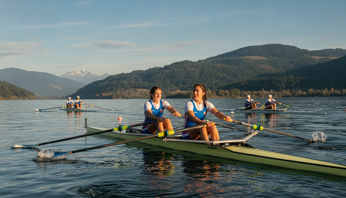 A dynamic scene featuring the Abraham sisters competing in a vibrant rowing competition on a serene lake in Chile. In the foreground, focus on two female athletes, dressed in bright athletic uniforms, showcasing their skill and determination as they row in sync. Their expressions reflect passion and teamwork. In the middle ground, a few other boats and rowers are seen, hinting at a competitive atmosphere. The background reveals a picturesque landscape with lush green hills and a clear blue sky, accentuating the tranquility of the setting. Soft, golden sunlight casts warm highlights, creating an uplifting mood. Use a wide-angle lens to capture the action and immersive environment, emphasizing the energy of the scene.