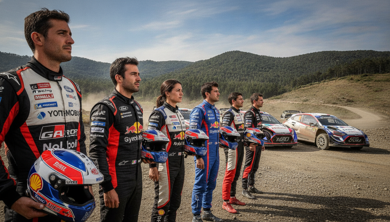A dynamic scene showcasing the profiles of rally drivers and their teams participating in the WRC event in Chile, specifically in the Biobío region. In the foreground, a diverse group of professional drivers in racing suits stands confidently, exuding determination. Each driver has distinct features, hair styles, and helmets resting under their arms. The middle layer features vibrant rally cars with unique graphics and team logos, captured in action poses as if ready to race. The background displays lush green hills typical of the Biobío landscape under a clear blue sky, with hints of rugged terrain to indicate the challenging rally routes. Soft, natural lighting enhances the scene, creating an energetic and inspirational atmosphere. The angle is slightly tilted upwards to emphasize the drivers' passion and the excitement of the rally.