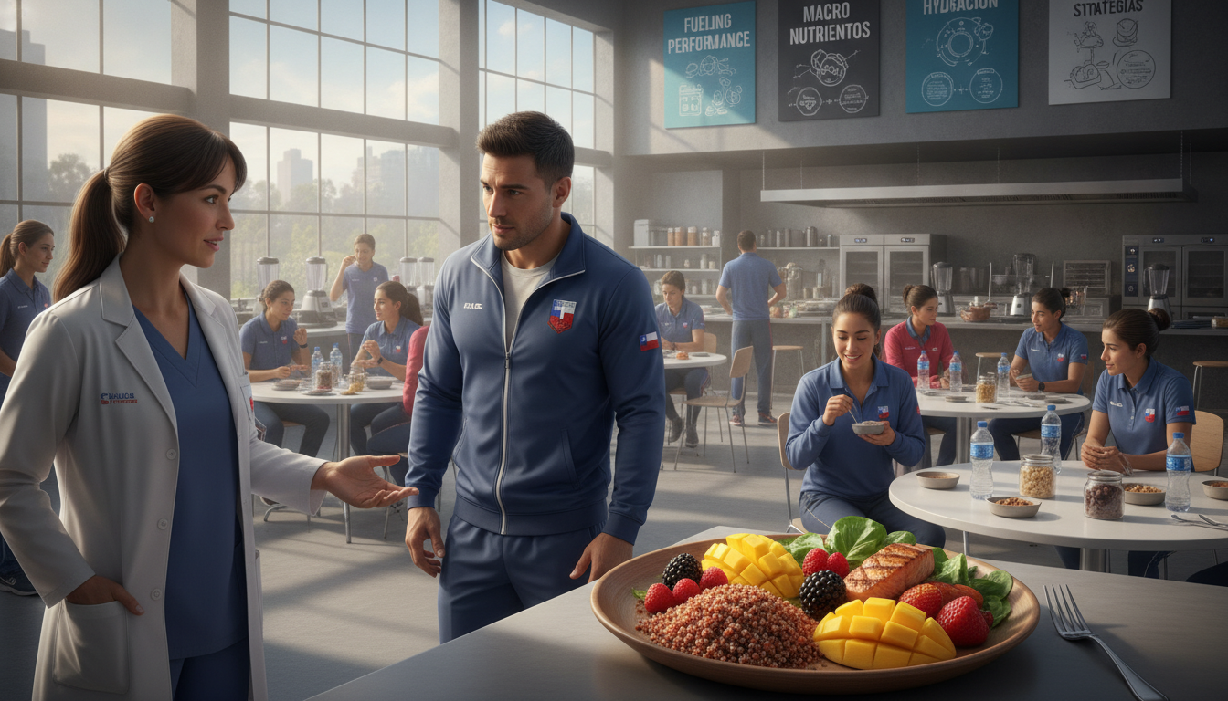 A dynamic scene showing a group of diverse Chilean athletes in a modern sports nutrition facility. In the foreground, a focused female nutritionist, wearing professional attire, is demonstrating a colorful plate of nutrient-rich foods, including quinoa, fresh fruits, and lean proteins, to a male athlete. The athlete looks engaged and curious. In the middle ground, various athletes, dressed in casual sportswear, are participating in group discussions and tasting healthy meal prep options. In the background, large windows let in natural light that creates a bright, energetic atmosphere. The indoor space is equipped with modern appliances and nutritional educational posters displayed on the walls, enhancing the theme of sports nutrition and performance optimization. The overall mood is inspiring and collaborative, emphasizing teamwork and healthy lifestyle choices. A dynamic scene showing a group of diverse Chilean athletes in a modern sports nutrition facility. In the foreground, a focused female nutritionist, wearing professional attire, is demonstrating a colorful plate of nutrient-rich foods, including quinoa, fresh fruits, and lean proteins, to a male athlete. The athlete looks engaged and curious. In the middle ground, various athletes, dressed in casual sportswear, are participating in group discussions and tasting healthy meal prep options. In the background, large windows let in natural light that creates a bright, energetic atmosphere. The indoor space is equipped with modern appliances and nutritional educational posters displayed on the walls, enhancing the theme of sports nutrition and performance optimization. The overall mood is inspiring and collaborative, emphasizing teamwork and healthy lifestyle choices.
