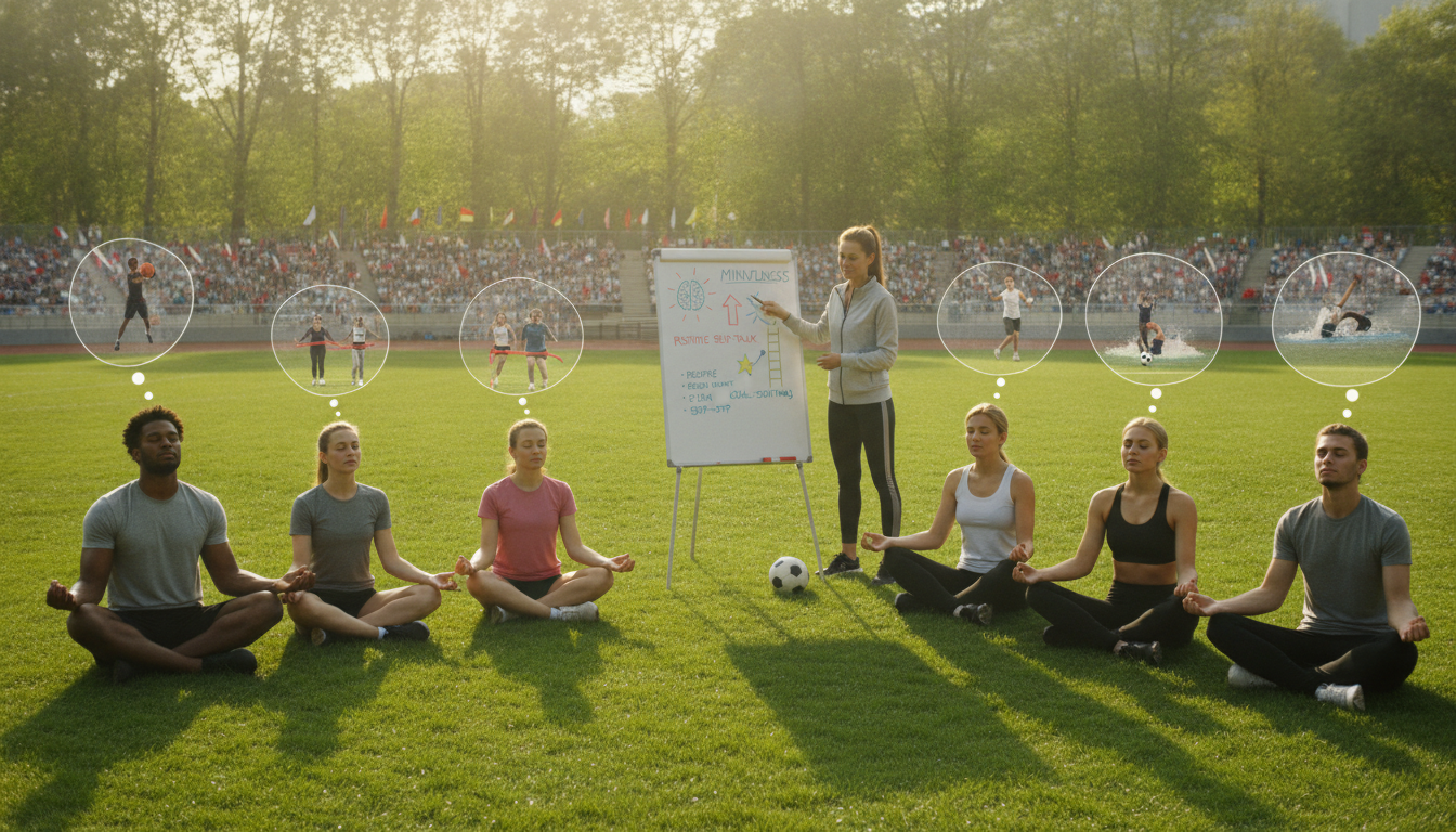 A dynamic sports scene depicting psychological tools enhancing athlete's mental resilience. In the foreground, a diverse group of athletes in professional sports attire are engaged in focused meditation and visualization exercises, each with a serene expression. The middle ground features a trainer guiding them, using a whiteboard with diagrams illustrating concepts such as mindfulness, positive self-talk, and goal-setting. The background showcases an outdoor sports facility with vibrant greenery and cheering crowds, symbolizing support and motivation. Soft, warm sunlight filters through trees, creating a positive and uplifting atmosphere. The composition should be shot at a slightly elevated angle, capturing the athletes' concentration and the trainer's guidance, while ensuring a clean and professional look.