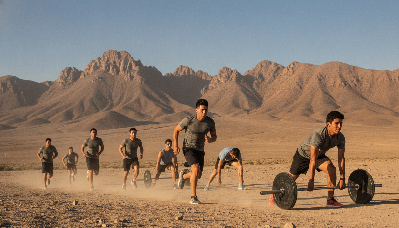 A high-altitude training scene in Calama, showcasing athletes engaged in intense physical preparation against the backdrop of a vast, arid desert landscape. In the foreground, a group of diverse male and female athletes, dressed in professional athletic gear, are performing various exercises like running, stretching, and weightlifting. The middle ground features rugged mountains under a bright blue sky, reflecting the unique geography of northern Chile. The sun is positioned at a low angle, casting long shadows and creating a dynamic play of light on the athletes' focused faces. The overall atmosphere is one of determination, grit, and high performance, capturing the essence of altitude training in this renowned center for athletic excellence.