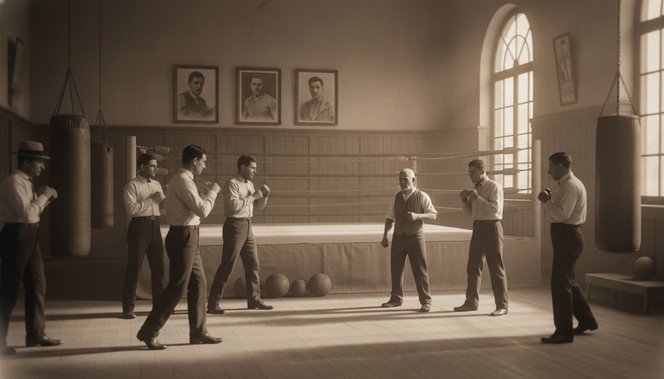 A historical depiction of the origins of boxing in Chile, showcasing a vintage boxing gym filled with early 20th-century boxing equipment. In the foreground, a group of diverse men in professional attire and modest clothing are engaged in a friendly training session, demonstrating classic boxing techniques. The middle ground features a classic ring with sepia-toned photographs of iconic Chilean boxers like Godfrey Stevens and Martín Vargas on the wall. In the background, warm rays of sunlight filter through large windows, illuminating the dust in the air, creating a nostalgic atmosphere. Use a soft focus lens effect to evoke a sense of history and tradition, capturing the enduring spirit of boxing in Chile.
