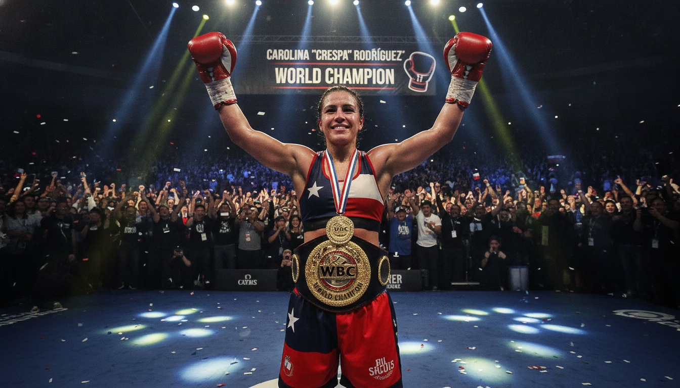 A powerful, dynamic image of Carolina "Crespa" Rodríguez celebrating her achievements as the world boxing champion. In the foreground, depict her with a determined expression, wearing professional boxing attire—gloves, a championship belt, and a medal around her neck. The middle layer should feature a cheering crowd in a well-lit boxing arena, with vibrant colors reflecting excitement and energy. In the background, include a large banner displaying "World Champion" to emphasize her success. Use dramatic lighting to highlight her figure, casting soft shadows to add depth. The angle should emphasize her strength and confidence, creating an inspiring and victorious atmosphere that captures her significance in international boxing.