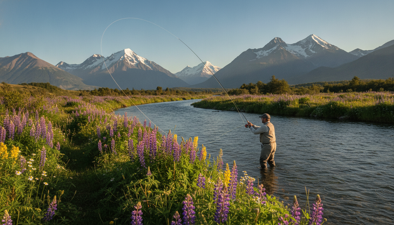 A serene Patagonian river scene, showcasing a skilled angler in modest outdoor clothing, enthusiastically practicing fly fishing. In the foreground, focus on the angler casting a fly line, their stance reflecting concentration and patience. The middle ground features lush, green riverbanks dotted with wildflowers, with the shimmering river flowing gently. In the background, majestic snow-capped mountains rise under a clear blue sky, adding grandeur and tranquility to the scene. The lighting is soft and warm, suggesting early morning or late afternoon, casting gentle reflections on the water's surface. The atmosphere is peaceful, capturing the essence of stillness and solitude in the beautiful, unspoiled wilderness of Chilean Patagonia.