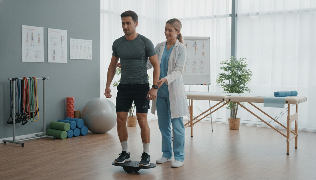 A serene clinical setting for physical therapy, featuring a well-equipped treatment room. In the foreground, a physiotherapist in a professional outfit is guiding a patient through a rehabilitation exercise, demonstrating care and attention. The middle ground showcases various rehabilitation equipment like foam rollers, resistance bands, and a treatment table, emphasizing an organized and supportive environment. In the background, soft natural light filters through large windows, creating a calm atmosphere that promotes healing. The overall mood is focused and encouraging, highlighting an effective treatment and recovery protocol for amateur runners. The composition captures a sense of professionalism, compassion, and dedication to recovery and injury prevention.