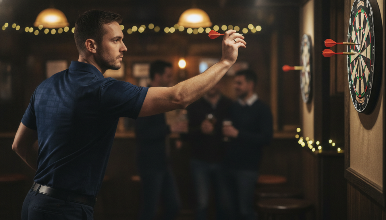 A skilled darts player in a focused stance, preparing to throw, is featured prominently in the foreground, dressed in a smart, casual outfit. The player has intense concentration, demonstrating the precision and technique involved in dart throwing. In the middle, a dartboard is clearly visible, showcasing bullseyes and surrounding rings, with several darts already lodged in them. The background presents a lively bar atmosphere, with subdued lighting highlighting the player and dartboard, creating a warm, inviting feel. The overall mood is one of determination and skill, emphasizing the art of dart throwing with a shallow depth of field to isolate the action and enhance focus on the player and the dartboard.