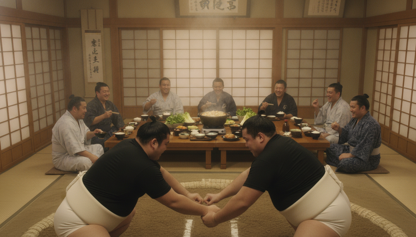 A traditional Japanese sumo training environment, showcasing a group of sumo wrestlers in modest training attire engaged in their daily routine. In the foreground, two wrestlers are skillfully practicing techniques, displaying their muscular physiques and focused expressions. The middle section features a large wooden table laden with a steaming pot of Chanko Nabe, surrounded by bowls filled with rice and vegetables. In the background, a serene dojo setting with tatami mats and traditional shoji screens, softly lit by natural light filtering through the paper screens. The atmosphere is disciplined yet vibrant, reflecting the dedication and camaraderie of the wrestlers. Capture the essence of hard work and tradition in a balanced composition, emphasizing the themes of nutrition, rest, and training. A traditional Japanese sumo training environment, showcasing a group of sumo wrestlers in modest training attire engaged in their daily routine. In the foreground, two wrestlers are skillfully practicing techniques, displaying their muscular physiques and focused expressions. The middle section features a large wooden table laden with a steaming pot of Chanko Nabe, surrounded by bowls filled with rice and vegetables. In the background, a serene dojo setting with tatami mats and traditional shoji screens, softly lit by natural light filtering through the paper screens. The atmosphere is disciplined yet vibrant, reflecting the dedication and camaraderie of the wrestlers. Capture the essence of hard work and tradition in a balanced composition, emphasizing the themes of nutrition, rest, and training.
