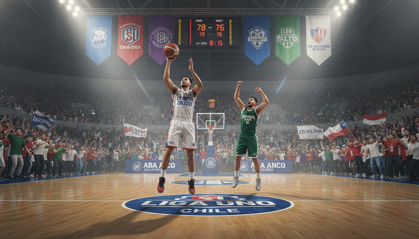 A vibrant indoor basketball arena to represent iconic basketball clubs in Chile, featuring players in action wearing authentic team jerseys. In the foreground, a passionate player makes a dramatic jump shot, while a teammate cheers in the background. The middle ground shows enthusiastic fans waving flags and wearing merchandise of various teams, creating a sense of excitement. The background showcases the arena’s scoreboard and colorful banners representing different clubs. The lighting is dynamic, with spotlight effects illuminating the players, enhancing the action. The atmosphere is electric, filled with energy and passion for basketball, capturing the essence of Chile’s rich basketball history. A subtle lens flare from the arena lights adds depth to the scene.