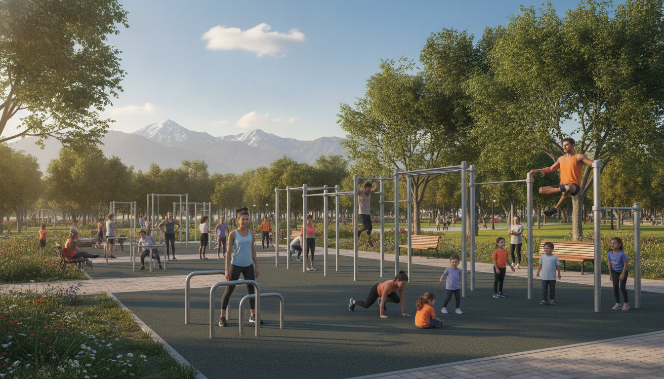 A vibrant park scene in Chile depicting the evolution of calisthenics over time. In the foreground, diverse individuals of different ages and backgrounds engage in bodyweight exercises on park equipment, showcasing their strength and athleticism. The middle ground features various fitness stations, like bars and parallel bars, set within a lush, green park landscape filled with trees and benches, emphasizing community. In the background, a subtle outline of the Andes mountains under a bright blue sky, with warm sunlight casting soft shadows on the ground, creating an inviting atmosphere. Capture a sense of energy and camaraderie among the participants, highlighting the inclusive nature of urban calisthenics in Chile. Use a wide-angle lens for depth and detail, enhancing the overall vibrancy of the scene.