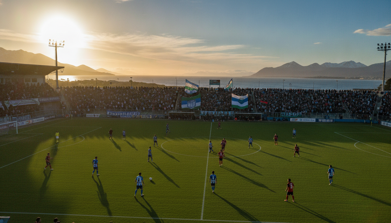 A vibrant scene capturing the inaugural professional football match at Estadio Chinquihue in Puerto Montt. In the foreground, a green football pitch with players dressed in colorful jerseys, focused on the game. The middle ground features enthusiastic fans in the stands, waving flags and cheering, creating a lively atmosphere. The background showcases the iconic coastal view, with the ocean shimmering under a clear blue sky, and rugged mountains in the distance. The setting sun casts a warm golden light over the scene, enhancing the excitement of the match. Photograph taken from a slightly elevated angle to encompass the field and spectators. The mood is energetic and festive, embodying the spirit of football. A vibrant scene capturing the inaugural professional football match at Estadio Chinquihue in Puerto Montt. In the foreground, a green football pitch with players dressed in colorful jerseys, focused on the game. The middle ground features enthusiastic fans in the stands, waving flags and cheering, creating a lively atmosphere. The background showcases the iconic coastal view, with the ocean shimmering under a clear blue sky, and rugged mountains in the distance. The setting sun casts a warm golden light over the scene, enhancing the excitement of the match. Photograph taken from a slightly elevated angle to encompass the field and spectators. The mood is energetic and festive, embodying the spirit of football.