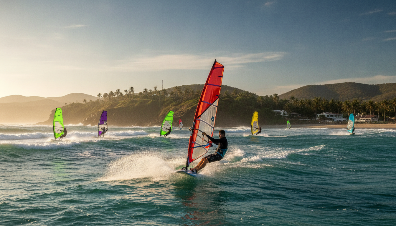 A vibrant scene depicting windsurfing at Playa Matanzas, capturing the perfect conditions that attract enthusiasts from around the world. In the foreground, a skilled windsurfer with a colorful sail cuts through the crystal-clear waves, showcasing dynamic movement and precision. The middle ground features multiple windsurfers at various skill levels, creating a lively atmosphere with splashes of water and bright sails. The background reveals the stunning coastline of Matanzas, dotted with tropical vegetation under a clear blue sky. The warm, golden light of a late afternoon sun enhances the colors, creating a lively, energetic mood. The angle is a panoramic view to emphasize the beauty of the landscape and the action on the water, inviting viewers into this exhilarating experience. A vibrant scene depicting windsurfing at Playa Matanzas, capturing the perfect conditions that attract enthusiasts from around the world. In the foreground, a skilled windsurfer with a colorful sail cuts through the crystal-clear waves, showcasing dynamic movement and precision. The middle ground features multiple windsurfers at various skill levels, creating a lively atmosphere with splashes of water and bright sails. The background reveals the stunning coastline of Matanzas, dotted with tropical vegetation under a clear blue sky. The warm, golden light of a late afternoon sun enhances the colors, creating a lively, energetic mood. The angle is a panoramic view to emphasize the beauty of the landscape and the action on the water, inviting viewers into this exhilarating experience.