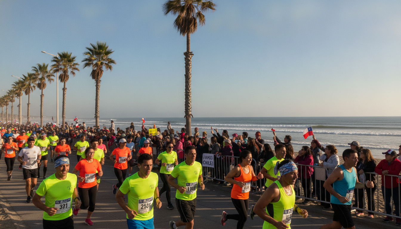 A vibrant scene of the Viña del Mar marathon event, showcasing the energetic atmosphere along the coastal promenade. In the foreground, a diverse group of runners in colorful athletic gear jog along the beach, their expressions full of determination and joy. In the middle ground, enthusiastic spectators line the route, holding banners and cheering, capturing the excitement of the event. The background reveals the stunning Pacific Ocean under a clear blue sky, with gentle waves lapping at the sandy shore and palm trees swaying lightly in the breeze. Warm, natural sunlight bathes the scene, enhancing the festive mood. Capture the image from a low angle to emphasize the runners' movement and the vibrant setting.