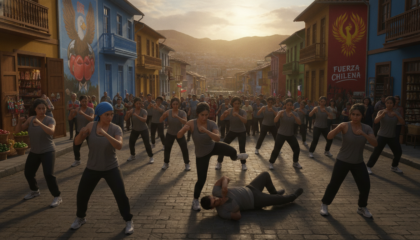 A vibrant street scene in Chile showcasing the cultural and social impact of mixed martial arts and kickboxing. In the foreground, a diverse group of men and women in modest athletic wear practice martial arts techniques, displaying determination and focus. The middle ground features a lively neighborhood setting with spectators observing the training, showcasing various aspects of local culture such as colorful murals and traditional shops. In the background, rolling hills of Santiago are bathed in warm, golden sunlight, emphasizing an uplifting atmosphere. The composition is shot from a slightly elevated angle to capture the dynamic interactions. The mood is energetic and inspiring, reflecting community and growth through martial arts.