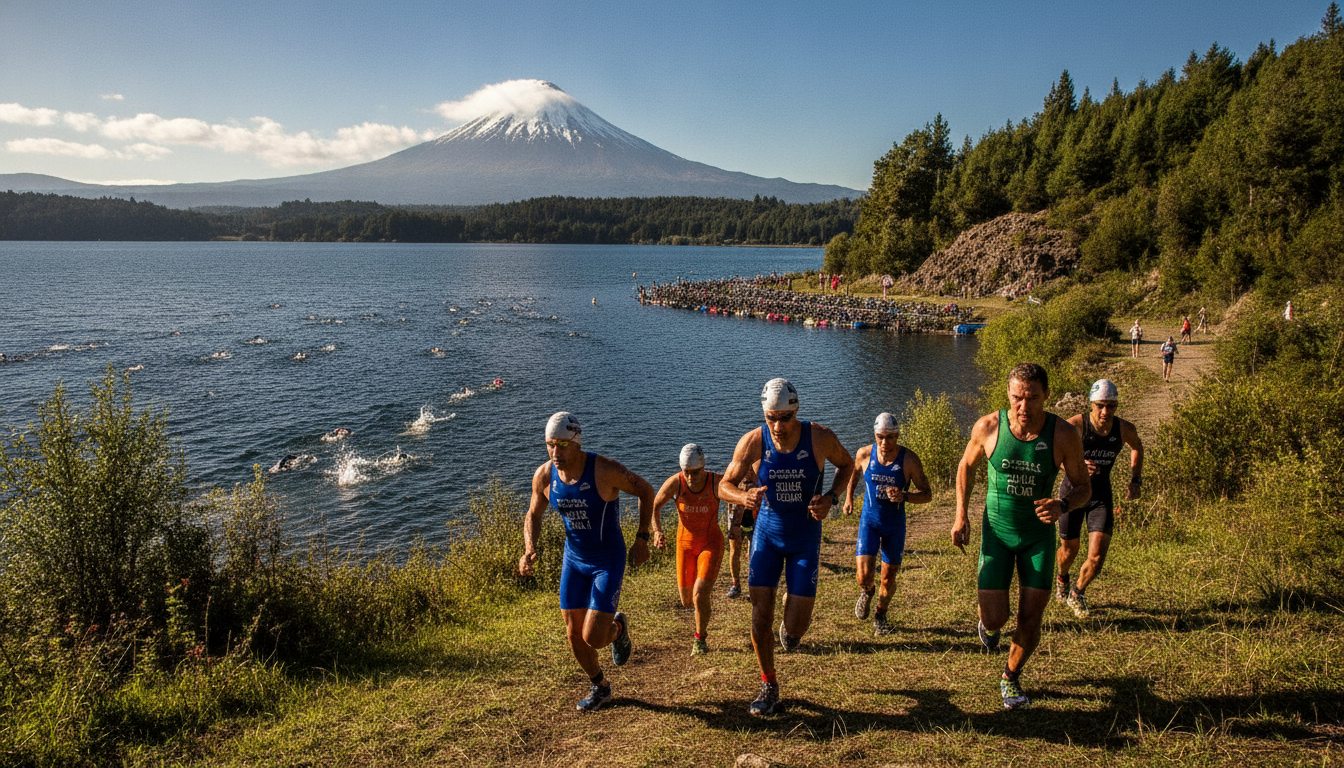 An intense triathlon scene set against the stunning backdrop of Villarrica Volcano in Pucón, Chile. In the foreground, a diverse group of athletic participants, dressed in modest, professional sports attire, energetically competing in a dynamic race, embodying determination and strength. In the middle ground, clear blue water positions the swimming segment alongside a sloping, rugged terrain transitioning into a running path. The vibrant colors of the athletes contrast sharply with the lush greenery of the surrounding landscape. In the background, the majestic Villarrica Volcano looms under a bright blue sky, partially shrouded in soft, wispy clouds. The atmosphere is charged with excitement, capturing the essence of a challenging, yet beautiful race day. The image should convey a sense of adventure and the thrill of athletic competition in a breathtaking natural setting, with sunlight casting dynamic shadows. An intense triathlon scene set against the stunning backdrop of Villarrica Volcano in Pucón, Chile. In the foreground, a diverse group of athletic participants, dressed in modest, professional sports attire, energetically competing in a dynamic race, embodying determination and strength. In the middle ground, clear blue water positions the swimming segment alongside a sloping, rugged terrain transitioning into a running path. The vibrant colors of the athletes contrast sharply with the lush greenery of the surrounding landscape. In the background, the majestic Villarrica Volcano looms under a bright blue sky, partially shrouded in soft, wispy clouds. The atmosphere is charged with excitement, capturing the essence of a challenging, yet beautiful race day. The image should convey a sense of adventure and the thrill of athletic competition in a breathtaking natural setting, with sunlight casting dynamic shadows.