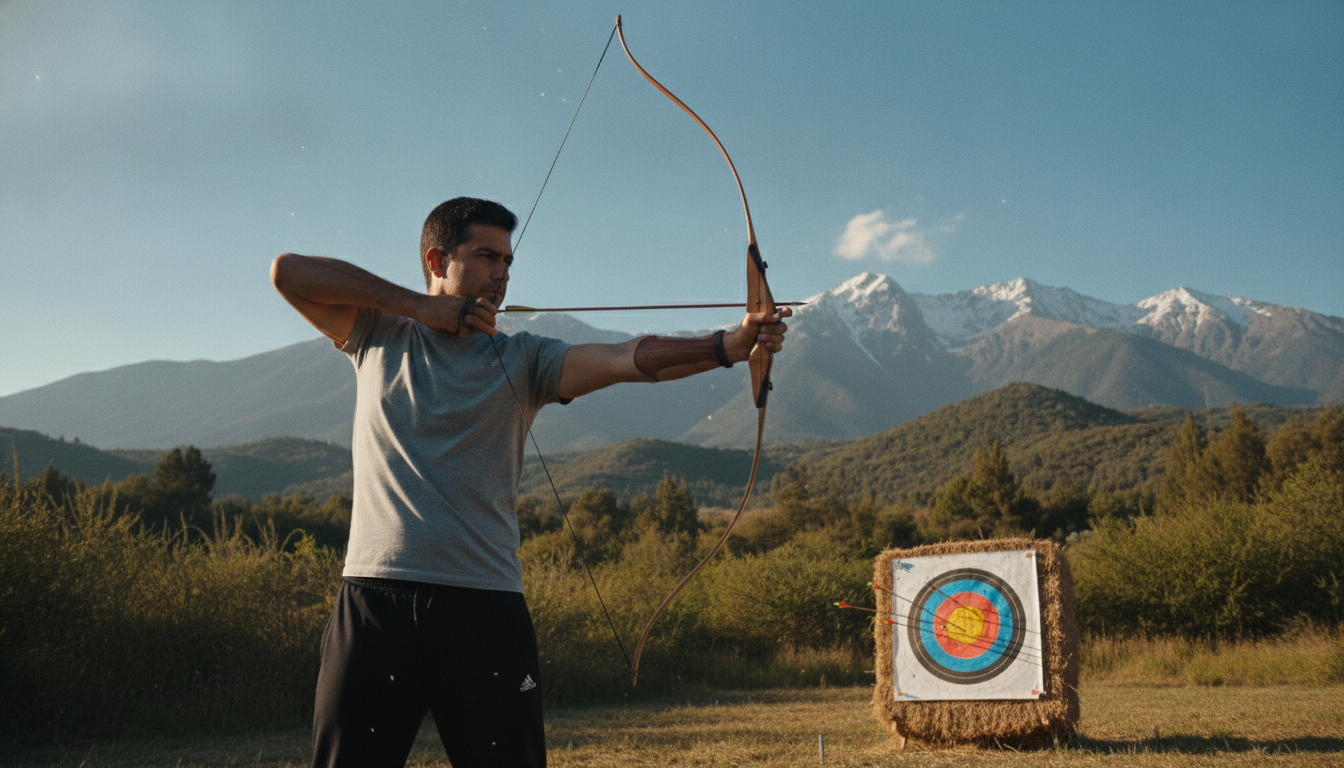 Andrés Aguilar, a dedicated archer in focused concentration, stands poised at the shooting line, dressed in modest athletic wear. In the foreground, he draws a perfectly crafted wooden bow, his muscles taut and expression intense, reflecting determination. The middle ground features a target positioned at a significant distance, with arrows already embedded in the bullseye, showcasing precision. The background captures a serene outdoor setting in Chile, with distant mountains and lush greenery under a clear blue sky, softly illuminated by warm sunlight. The scene is composed with a slight low-angle perspective, emphasizing Aguilar’s stance and form, while creating an atmosphere of tranquility mixed with intensity, illustrating the art of archery and the focus required to achieve excellence.