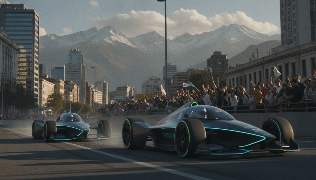 Futuristic electric race cars, known as monoplazas, zooming through the vibrant streets of Santiago during the E-Prix event. The foreground features sleek, high-performance vehicles in dynamic motion, their streamlined designs gleaming under bright sunlight. In the middle ground, a diverse crowd of enthusiastic spectators, dressed in casual yet stylish attire, showcases a lively atmosphere. The iconic Andes mountains rise majestically in the background, partially shrouded in fluffy clouds, as modern Santiago architecture frames the race. Capture this exhilarating moment with dramatic lighting and a slightly tilted angle to enhance the sense of speed and excitement, evoking a festive and energetic mood. The image should not include any captions, logos, or other text elements. Futuristic electric race cars, known as monoplazas, zooming through the vibrant streets of Santiago during the E-Prix event. The foreground features sleek, high-performance vehicles in dynamic motion, their streamlined designs gleaming under bright sunlight. In the middle ground, a diverse crowd of enthusiastic spectators, dressed in casual yet stylish attire, showcases a lively atmosphere. The iconic Andes mountains rise majestically in the background, partially shrouded in fluffy clouds, as modern Santiago architecture frames the race. Capture this exhilarating moment with dramatic lighting and a slightly tilted angle to enhance the sense of speed and excitement, evoking a festive and energetic mood. The image should not include any captions, logos, or other text elements.